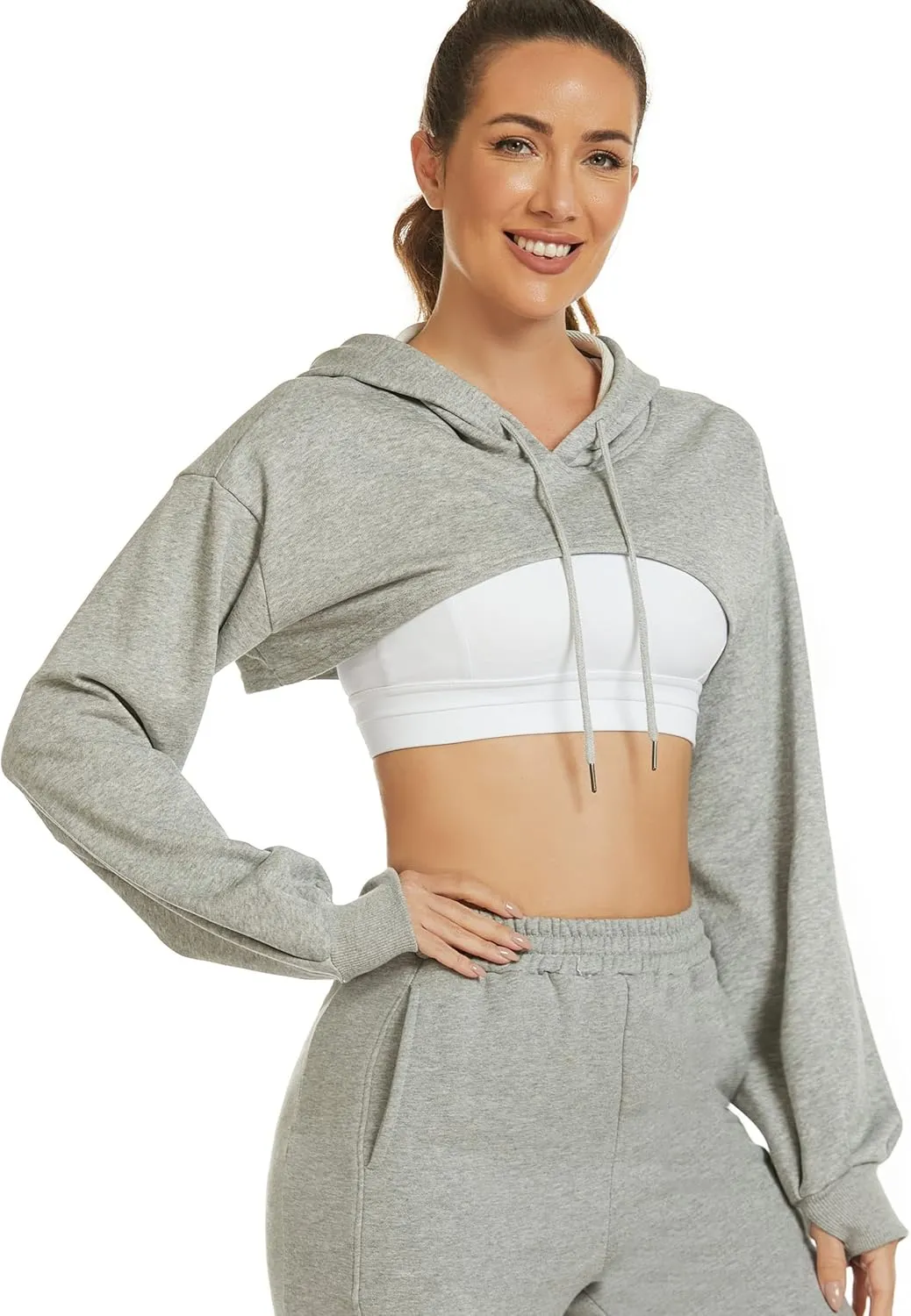 Flygo Women's Cut Out Super Cropped Hoodie Long Sleeve Hooded Sweatshirt Pullover Active Top
