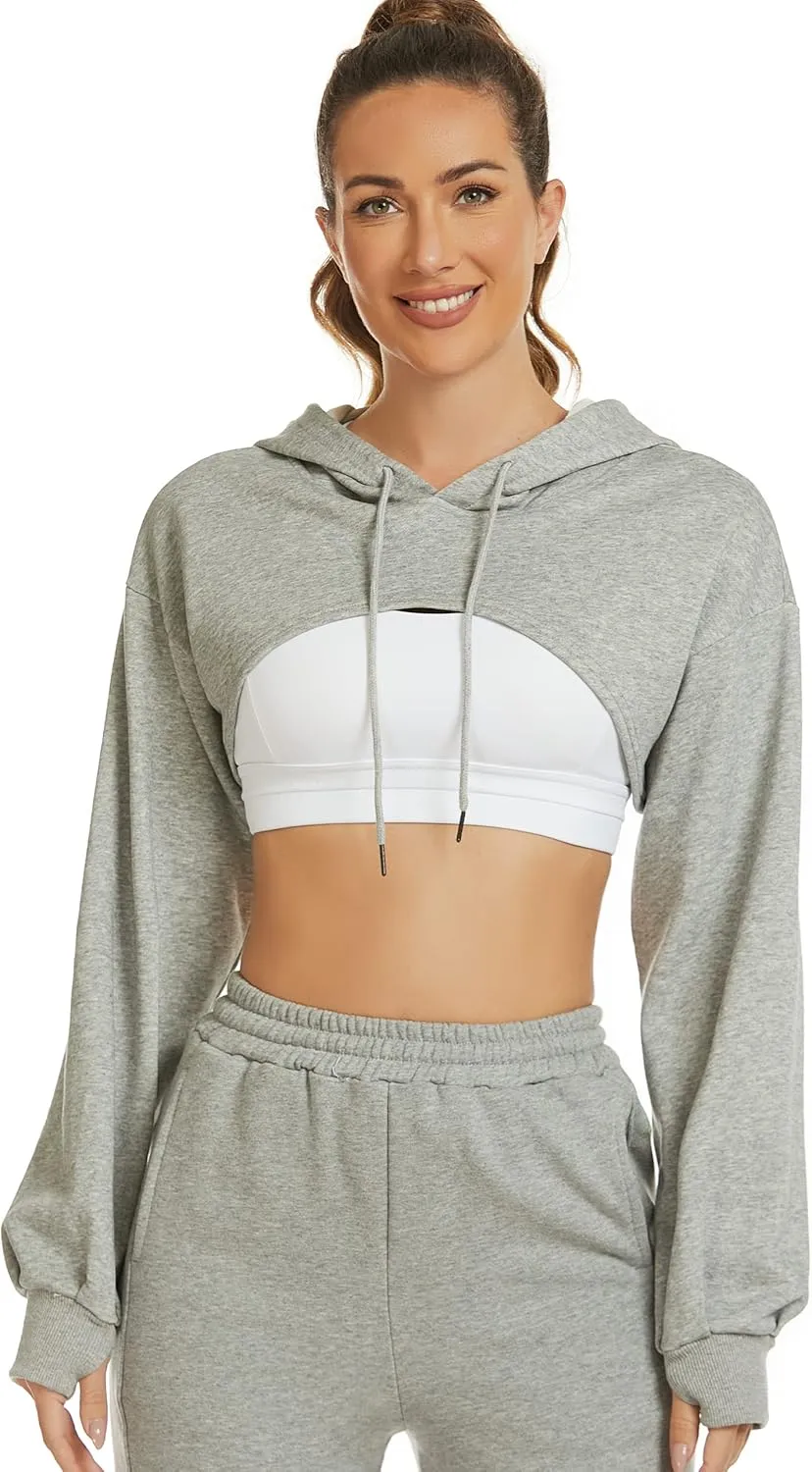 Flygo Women's Cut Out Super Cropped Hoodie Long Sleeve Hooded Sweatshirt Pullover Active Top