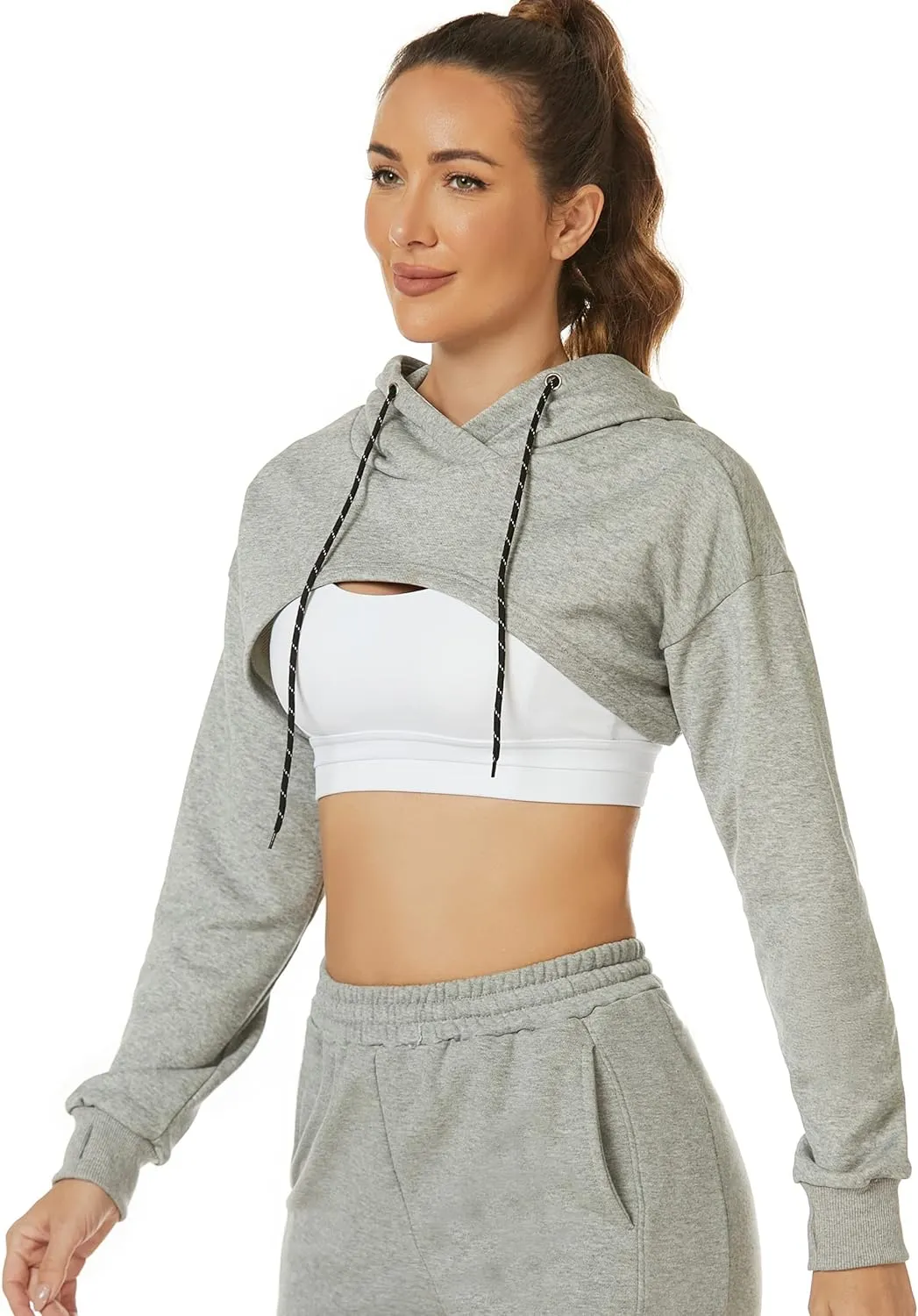Flygo Women's Cut Out Super Cropped Hoodie Long Sleeve Hooded Sweatshirt Pullover Active Top