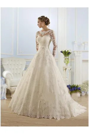 Formal A-Line Wedding Dress Jewel Lace Tulle Long Sleeve Sexy Bridal Gowns with Court Train
