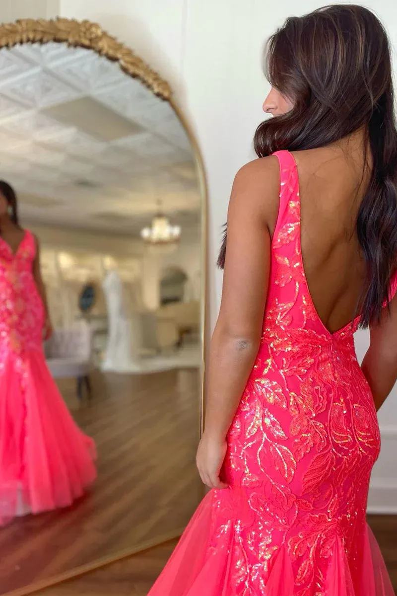 Fuchisa V Neck Sequin Lace Mermaid Long Prom Dresses