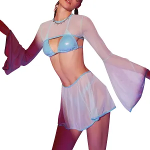 FYMNSI Rave Outfits for Women Metallic Swimsuits Sexy Bra Tops Bikini Panty Mini Skirt 3PCS Music Festival Halloween Costume
