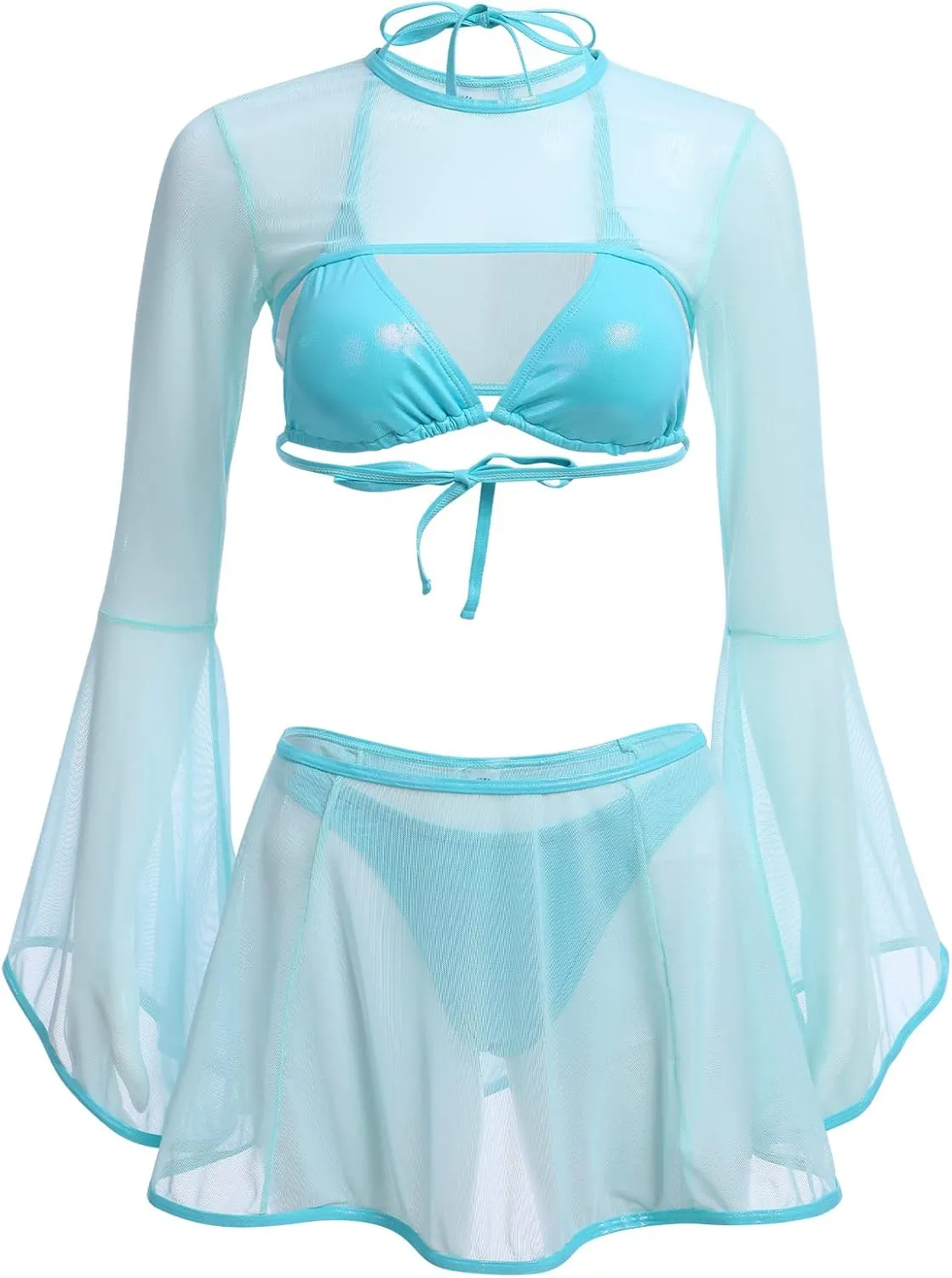 FYMNSI Rave Outfits for Women Metallic Swimsuits Sexy Bra Tops Bikini Panty Mini Skirt 3PCS Music Festival Halloween Costume
