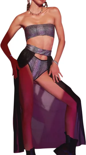 FYMNSI Rave Outfits for Women Metallic Swimsuits Sexy Bra Tops Bikini Panty Mini Skirt 3PCS Music Festival Halloween Costume