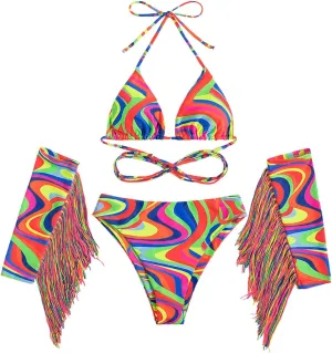 FYMNSI Rave Outfits for Women Metallic Swimsuits Sexy Bra Tops Bikini Panty Mini Skirt 3PCS Music Festival Halloween Costume