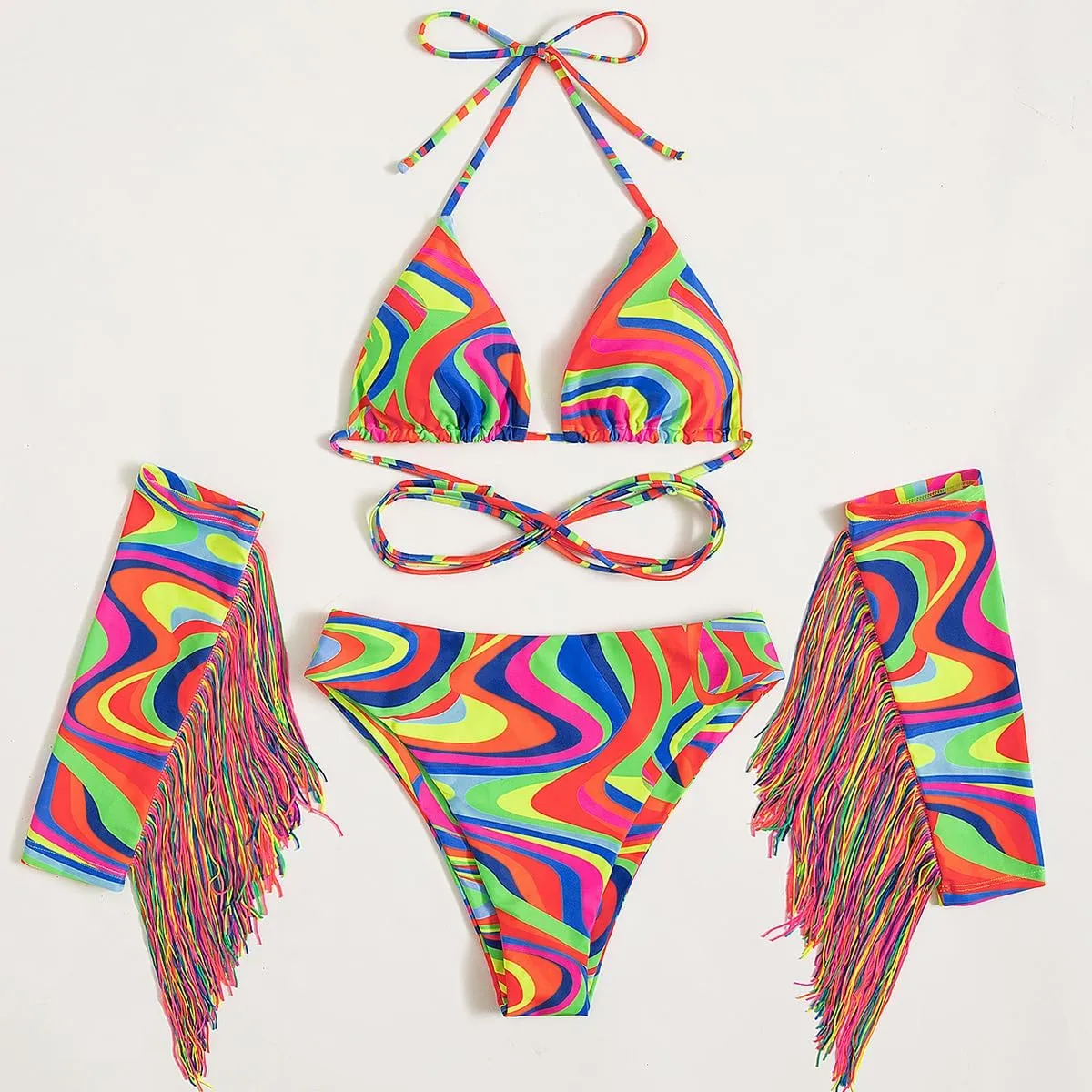 FYMNSI Rave Outfits for Women Metallic Swimsuits Sexy Bra Tops Bikini Panty Mini Skirt 3PCS Music Festival Halloween Costume