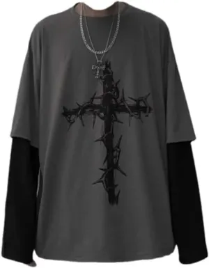 GAI Grunge Gothic Clothes Harajuku Fashion Alt Emo Clothing Oversized Casual Long Sleeves Crewneck T-Shirt Tee Streetwear (XL, Grey)