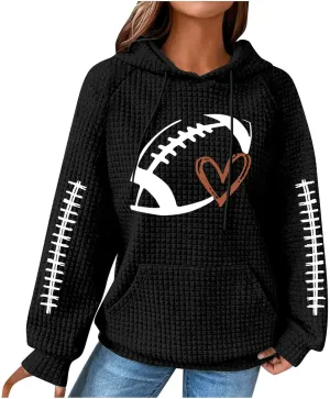 Game Day Shirts Women Long Sleeve Football Graphic Crewneck Sweatshirts Waffle Knit Hoodie Football Season Pullover