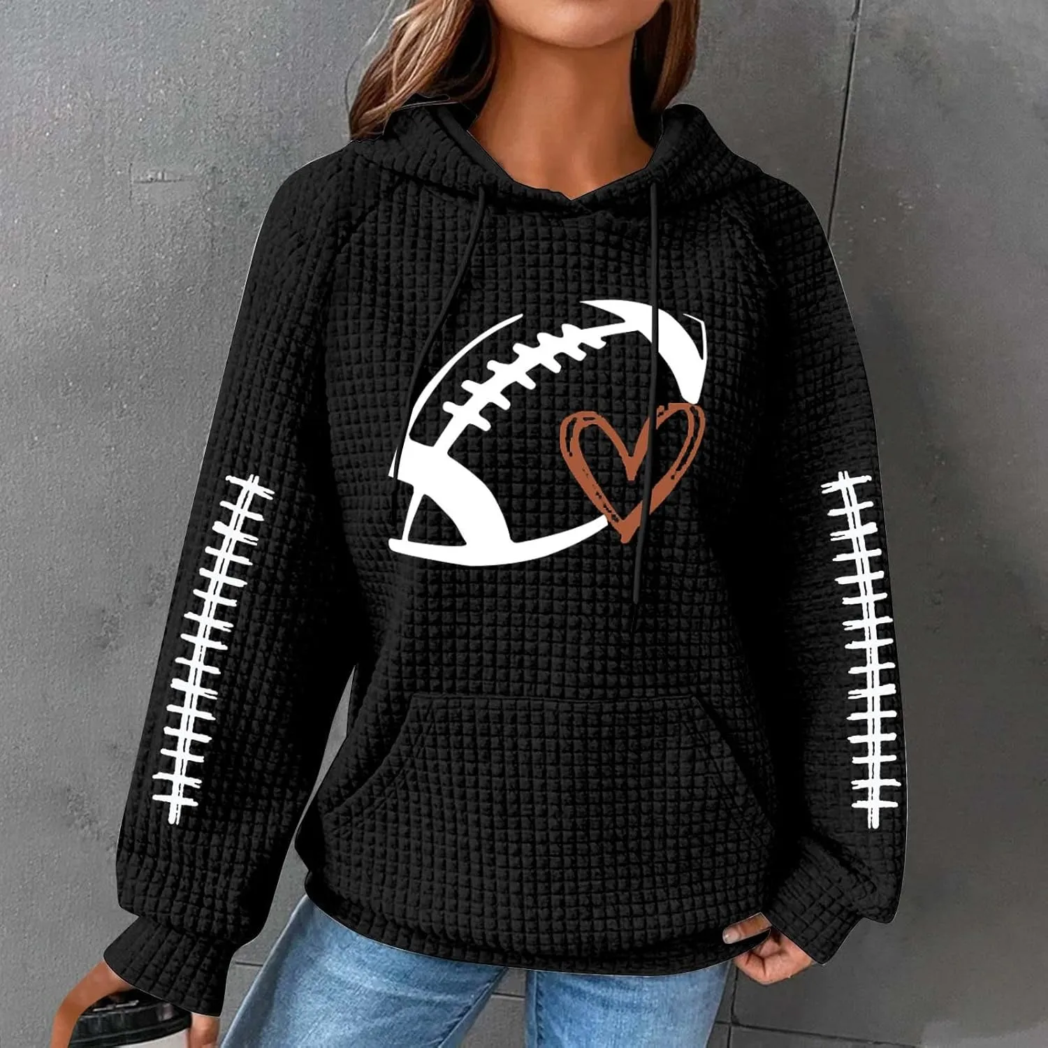 Game Day Shirts Women Long Sleeve Football Graphic Crewneck Sweatshirts Waffle Knit Hoodie Football Season Pullover
