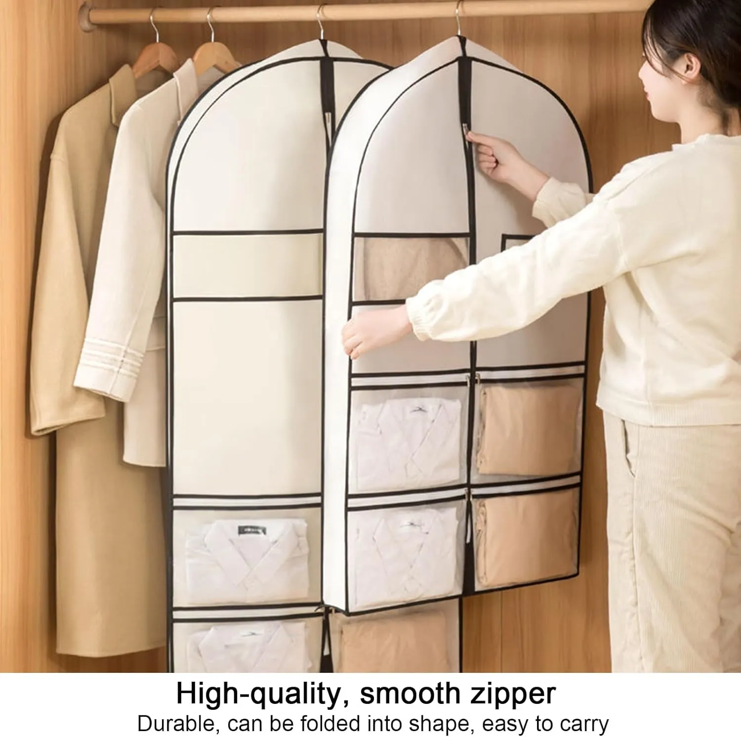 Garment Bags, Suit Bag, Three-dimensional Thickened Design with Four Small Pockets, Suitable for Shirts, T-shirts, Jackets(White,60x100x10cm x39x4in)