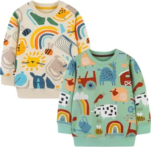 GFQLONG 2 Pack Toddler Boys Long Sleeve Pullover Crewneck Tops Shirts, Cotton Warm Dinosaur Cartoon Sweatshirts