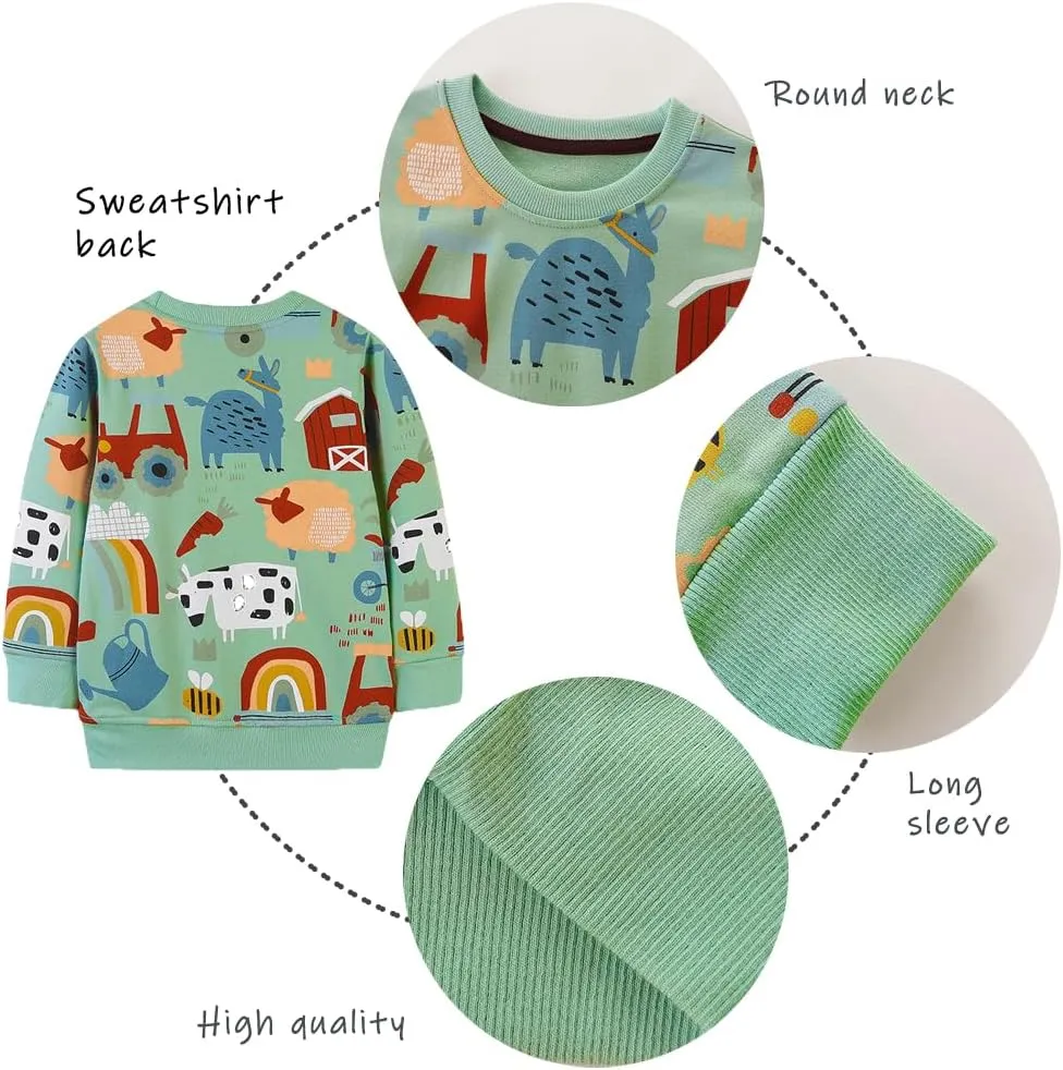 GFQLONG 2 Pack Toddler Boys Long Sleeve Pullover Crewneck Tops Shirts, Cotton Warm Dinosaur Cartoon Sweatshirts