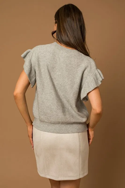 Gilli Ruffle Sleeve Knit Womens Sweater Grey or Beige S-L