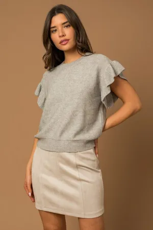 Gilli Ruffle Sleeve Knit Womens Sweater Grey or Beige S-L