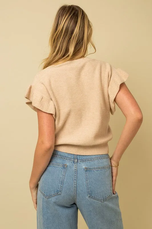 Gilli Ruffle Sleeve Knit Womens Sweater Grey or Beige S-L