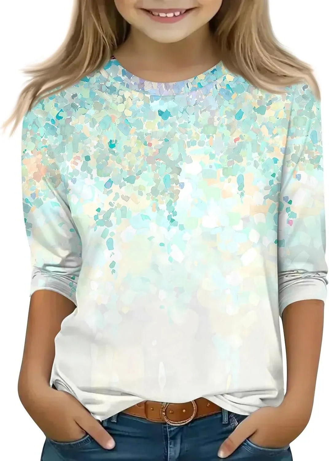 Girls Long Sleeve Shirts Printed Crew Neck Pullover Tops 3/4 Sleeve Lightweight Blouses Fall Winter Sweatshirts