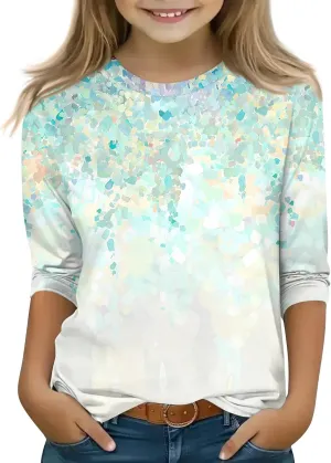 Girls Long Sleeve Shirts Printed Crew Neck Pullover Tops 3/4 Sleeve Lightweight Blouses Fall Winter Sweatshirts