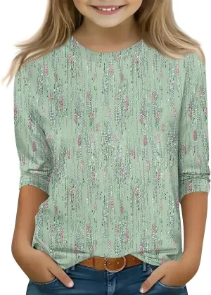 Girls Long Sleeve Shirts Printed Crew Neck Pullover Tops 3/4 Sleeve Lightweight Blouses Fall Winter Sweatshirts