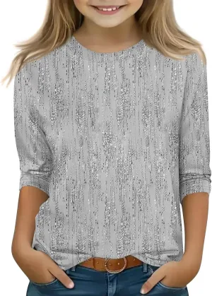 Girls Long Sleeve Shirts Printed Crew Neck Pullover Tops 3/4 Sleeve Lightweight Blouses Fall Winter Sweatshirts