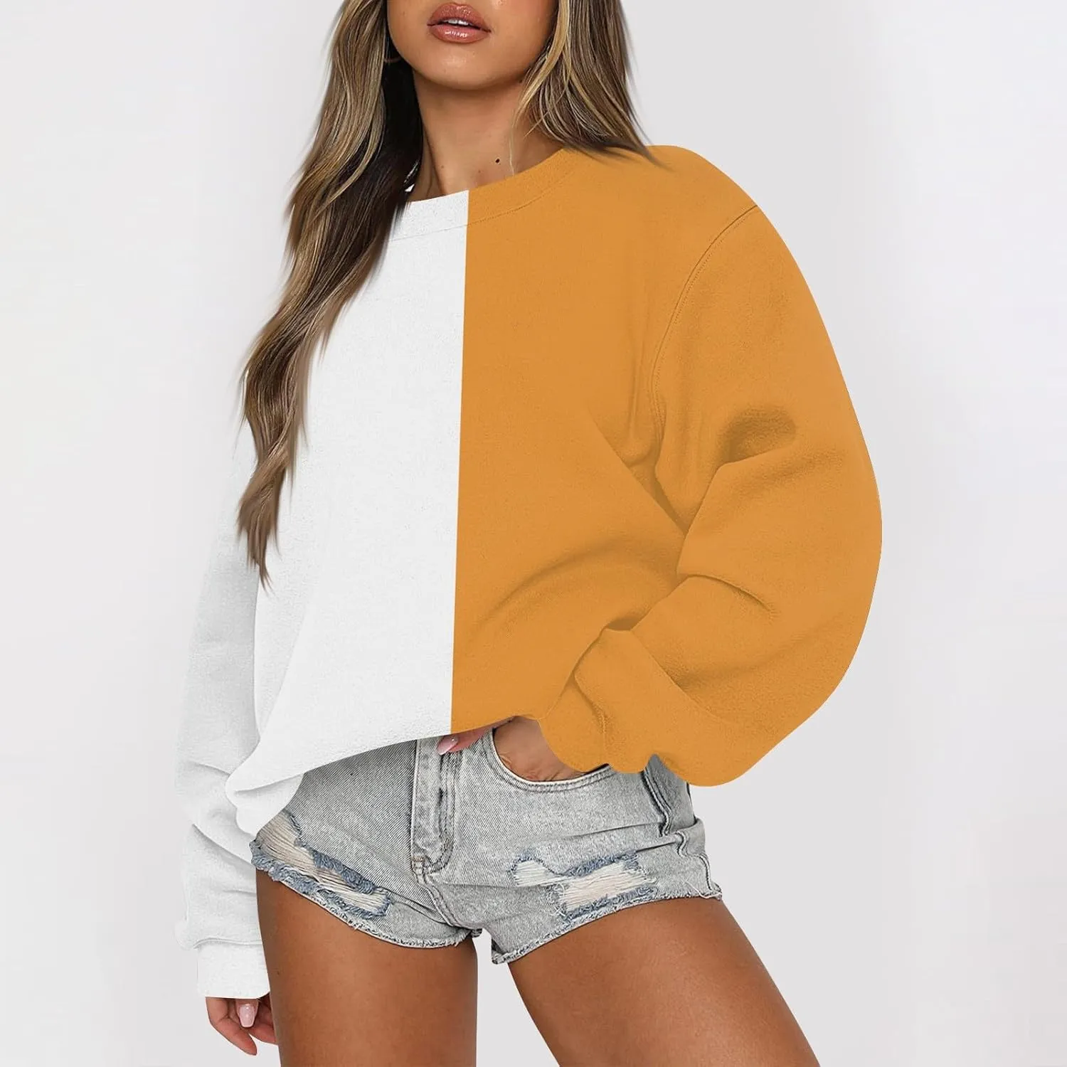GOFULY Crew Neck Oversized Sweatshirt For Girls Long Sleeve Fall Tops Crop Striped Color Block Sweatshirts Winter Pullover
