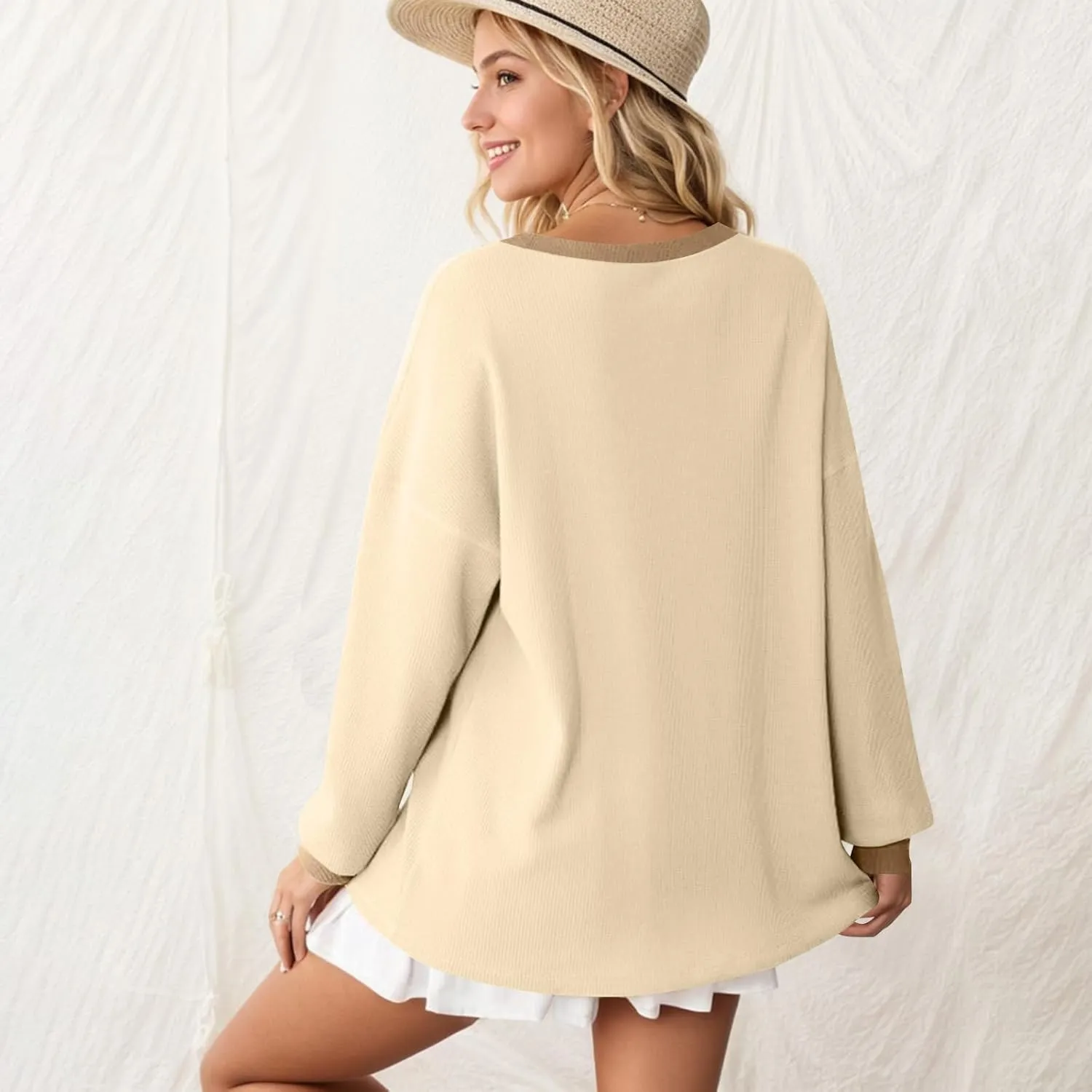 GOFULY Women'S Crewneck Sweatshirts Lightweight Waffle Knit Shirts Long Sleeve Fall Pullover Ribbed Color Block Sweatshirt