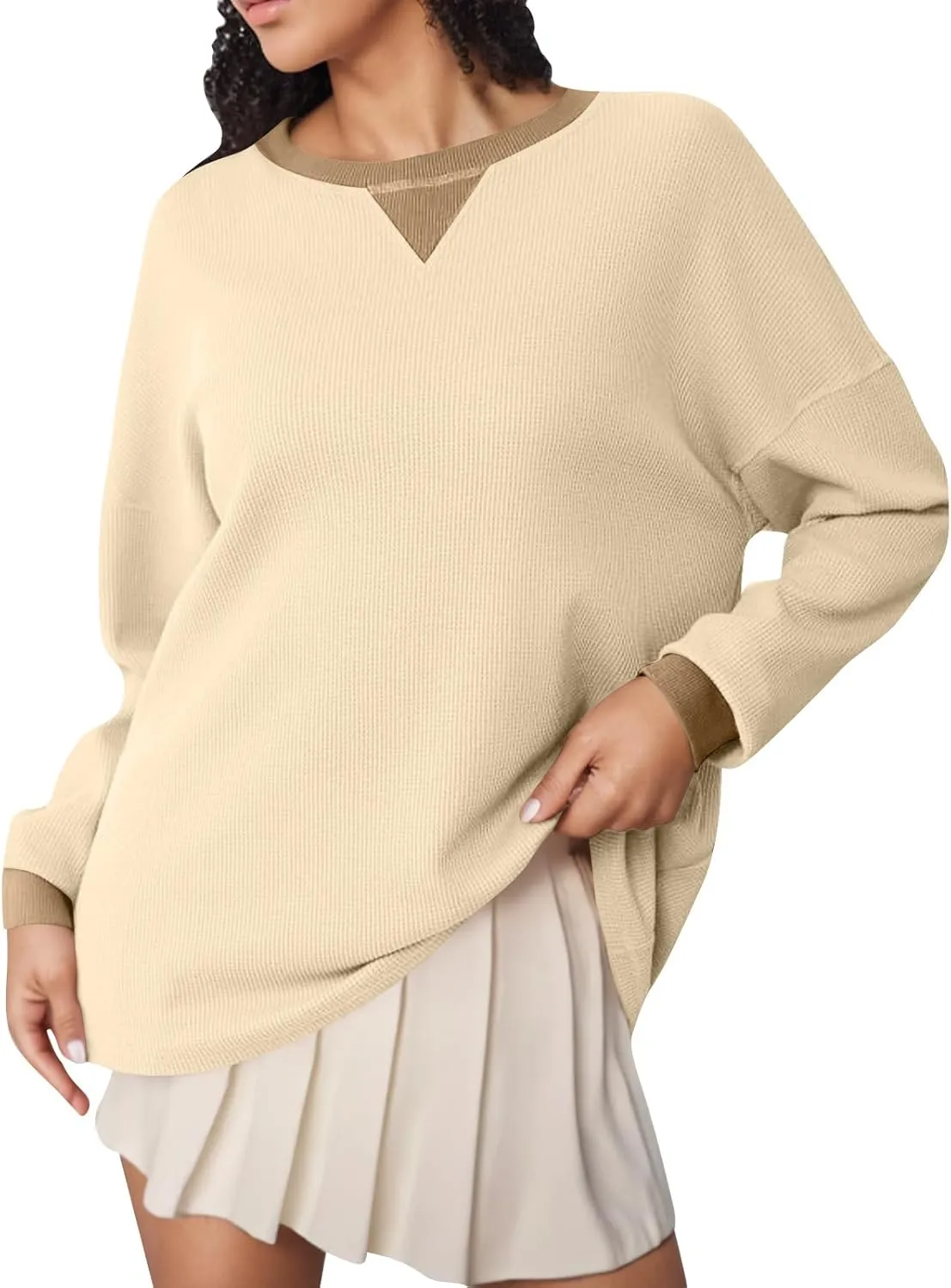 GOFULY Women'S Crewneck Sweatshirts Lightweight Waffle Knit Shirts Long Sleeve Fall Pullover Ribbed Color Block Sweatshirt