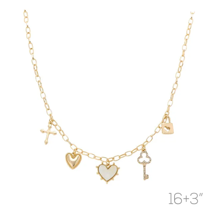 Gold Charm Necklace  Heart, Cross and Key Accents  16   3