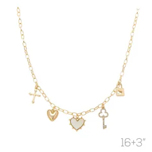 Gold Charm Necklace  Heart, Cross and Key Accents  16   3