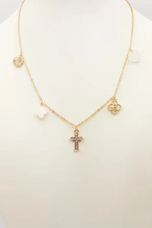 Gold Clover, Cross, and Heart Charm 16"-18" Necklace