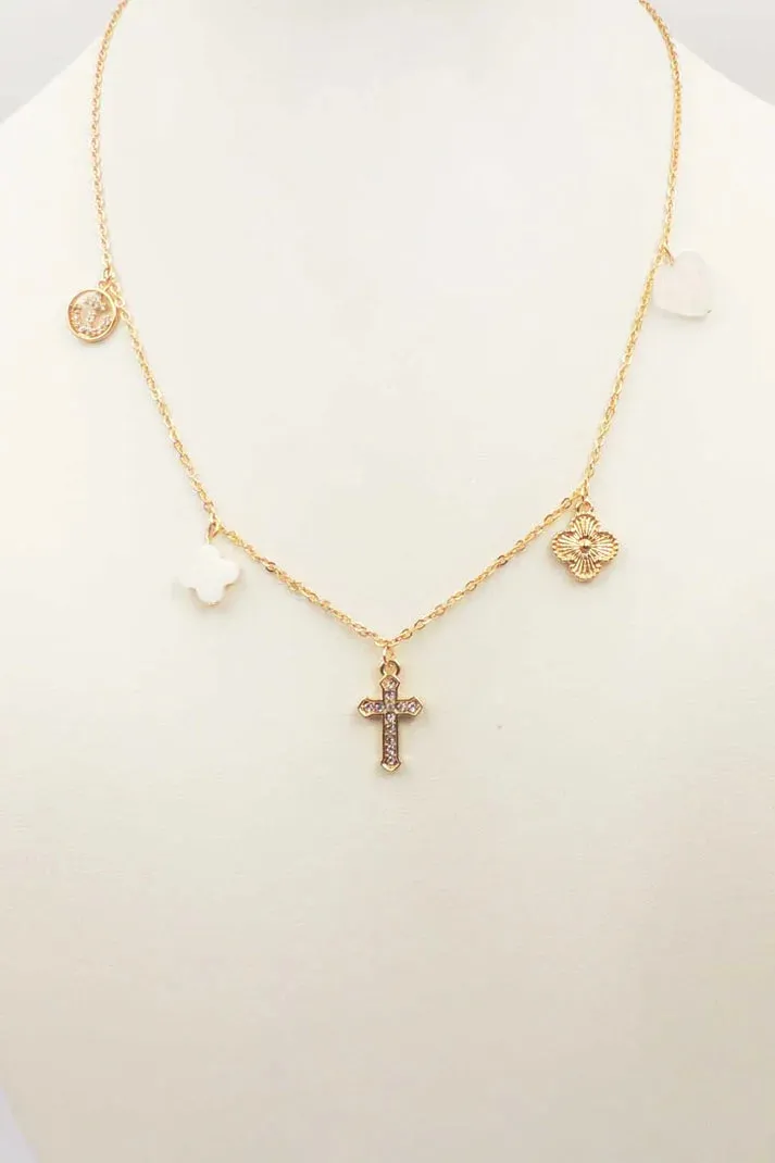 Gold Clover, Cross, and Heart Charm 16"-18" Necklace
