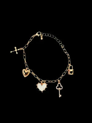 Golden Love Lock Charm Bracelet  Heart, Key & Cross