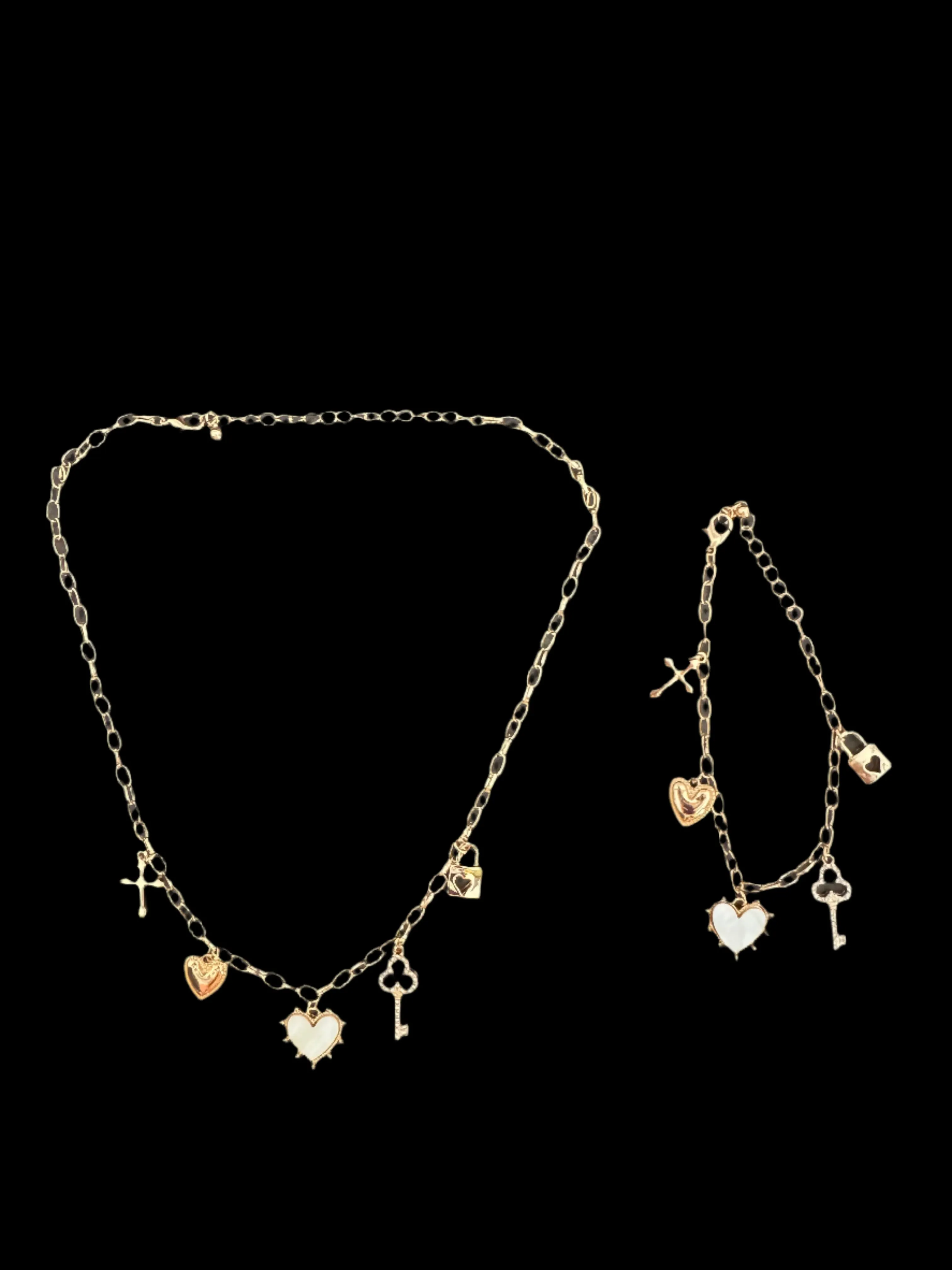 Golden Love Lock Charm Bracelet  Heart, Key & Cross