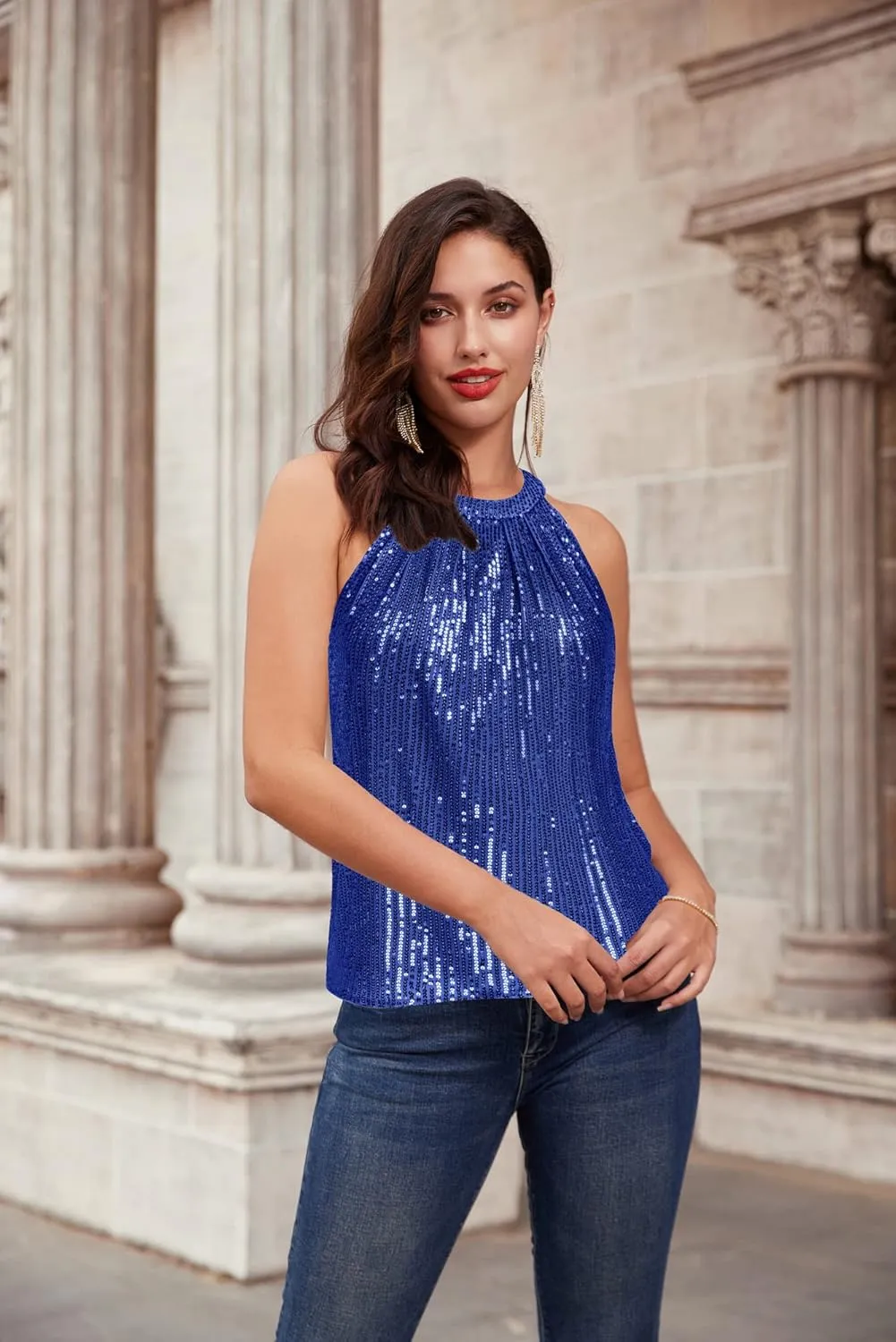 GRACE KARIN Sequin Halter Tops for Women Sleeveless Sparkly Shiny Tank Tops Ruched Flowy Sparkly Club Outfits Party Shirt