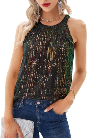 GRACE KARIN Sequin Halter Tops for Women Sleeveless Sparkly Shiny Tank Tops Ruched Flowy Sparkly Club Outfits Party Shirt