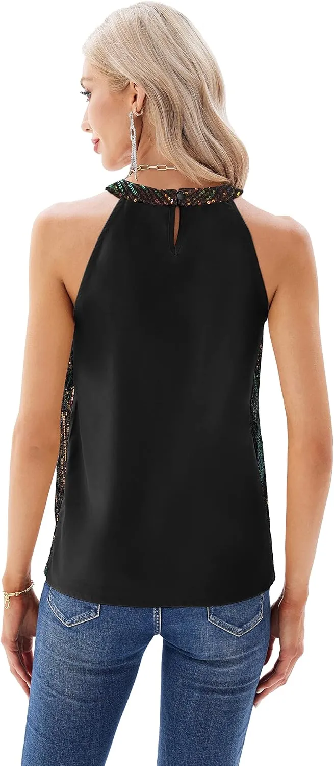 GRACE KARIN Sequin Halter Tops for Women Sleeveless Sparkly Shiny Tank Tops Ruched Flowy Sparkly Club Outfits Party Shirt