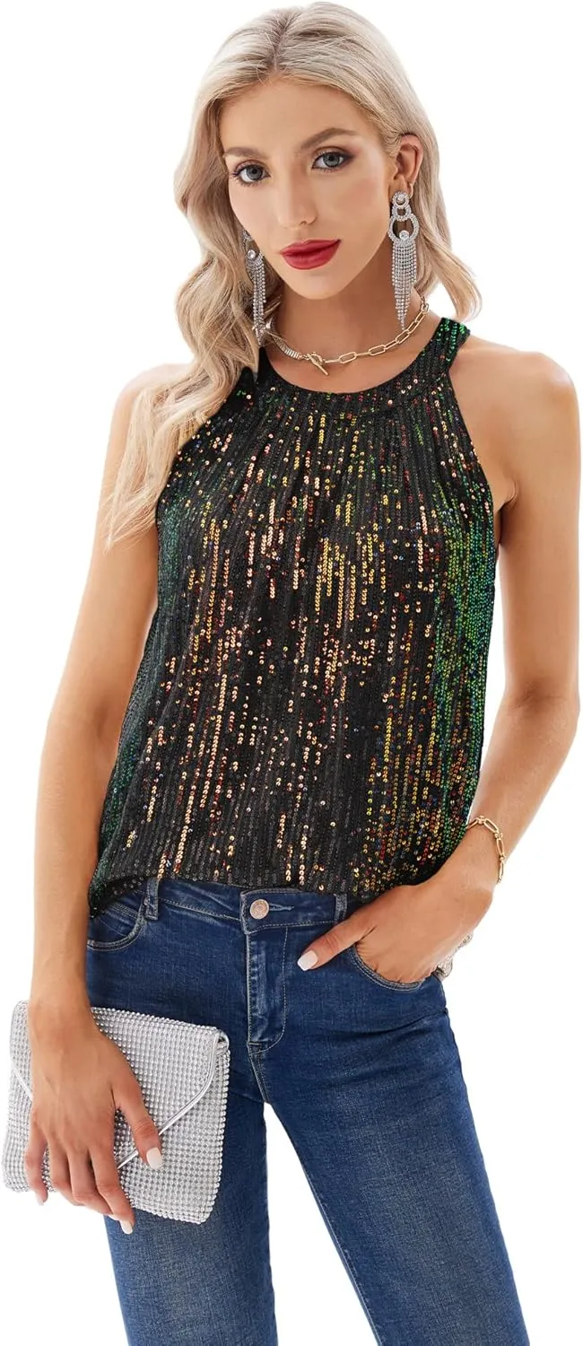 GRACE KARIN Sequin Halter Tops for Women Sleeveless Sparkly Shiny Tank Tops Ruched Flowy Sparkly Club Outfits Party Shirt