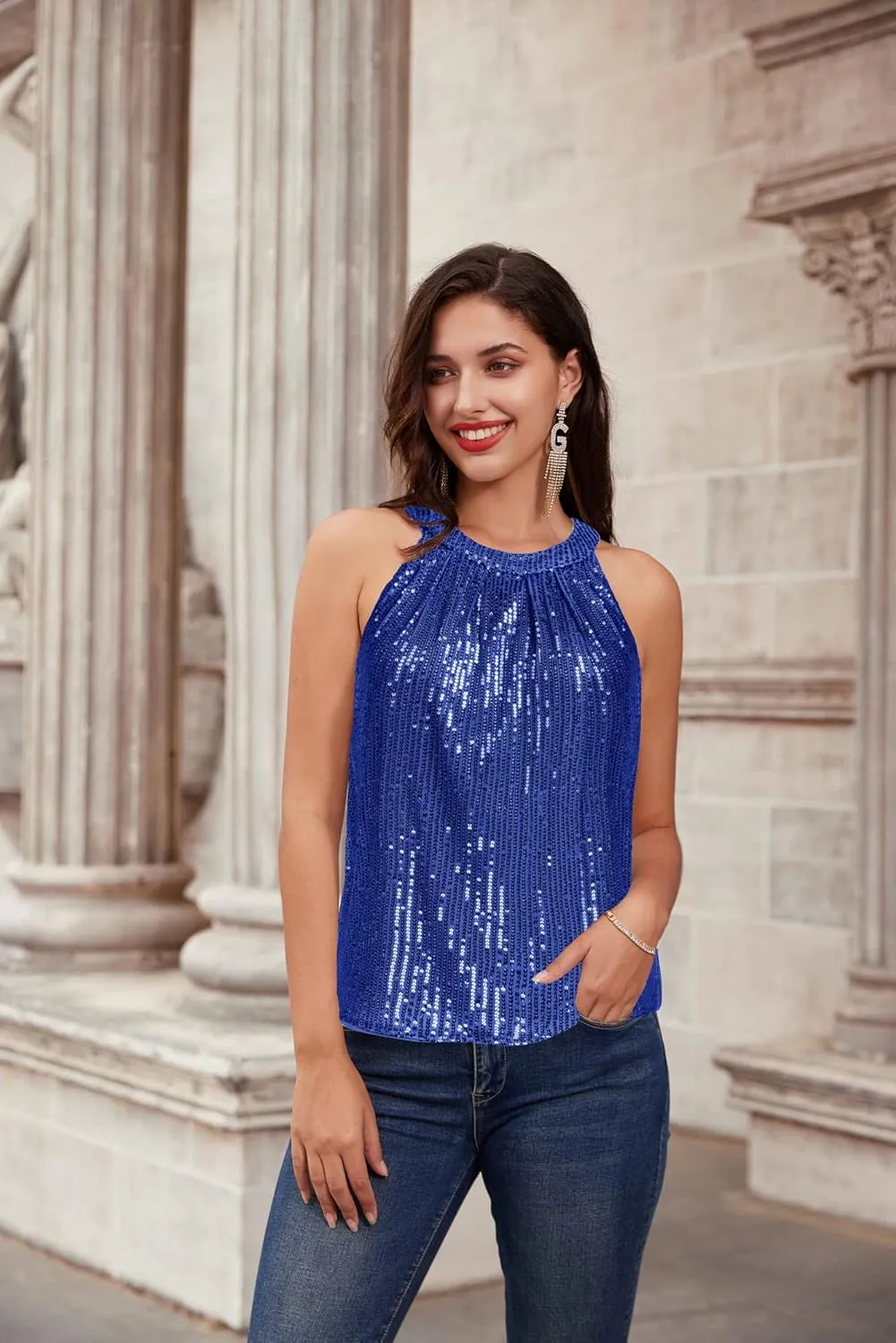GRACE KARIN Sequin Halter Tops for Women Sleeveless Sparkly Shiny Tank Tops Ruched Flowy Sparkly Club Outfits Party Shirt