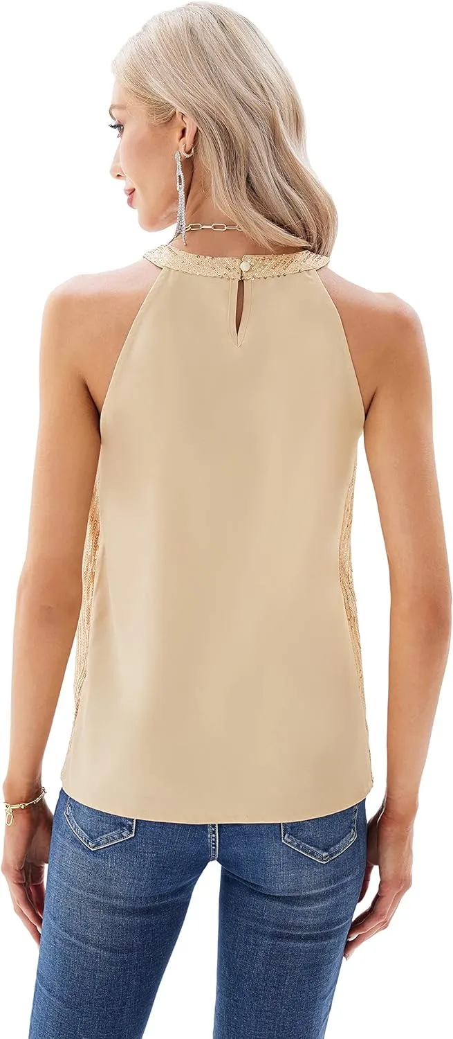 GRACE KARIN Sequin Halter Tops for Women Sleeveless Sparkly Shiny Tank Tops Ruched Flowy Sparkly Club Outfits Party Shirt