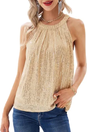 GRACE KARIN Sequin Halter Tops for Women Sleeveless Sparkly Shiny Tank Tops Ruched Flowy Sparkly Club Outfits Party Shirt