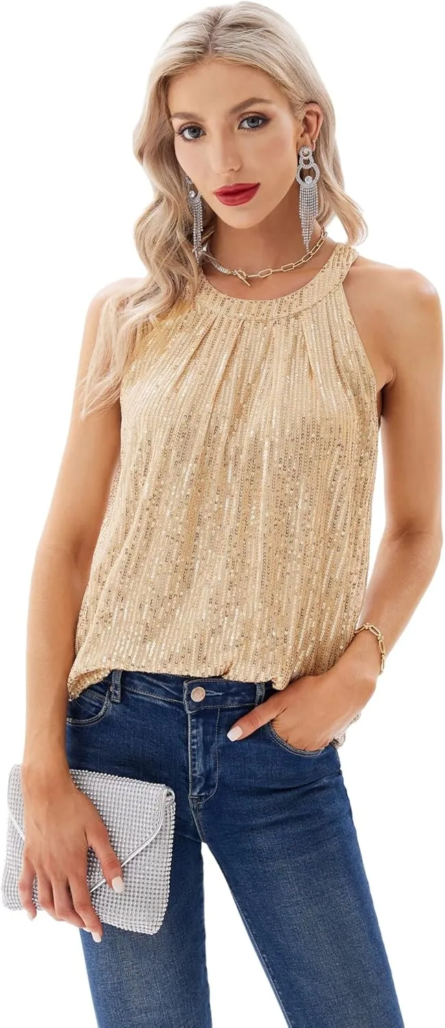 GRACE KARIN Sequin Halter Tops for Women Sleeveless Sparkly Shiny Tank Tops Ruched Flowy Sparkly Club Outfits Party Shirt