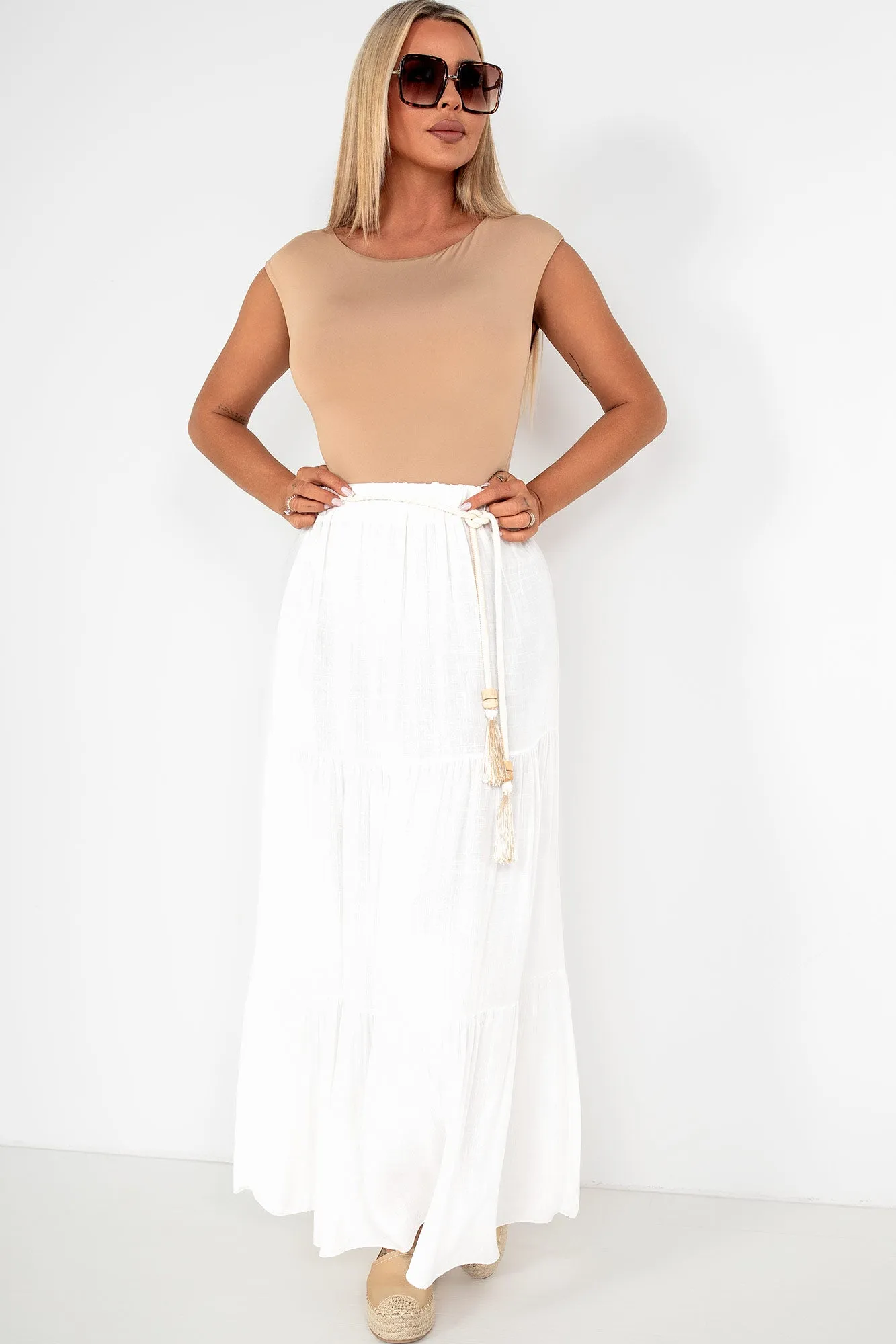 Gracelynn White Tiered Midi Skirt