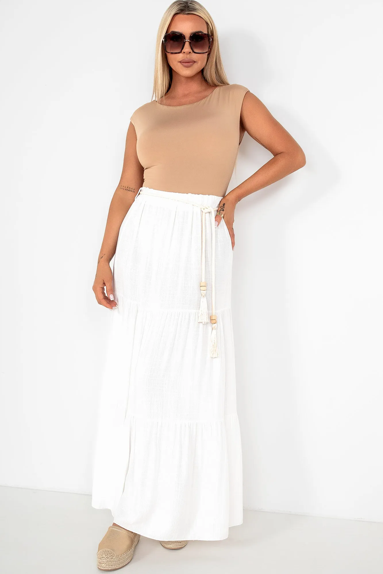 Gracelynn White Tiered Midi Skirt