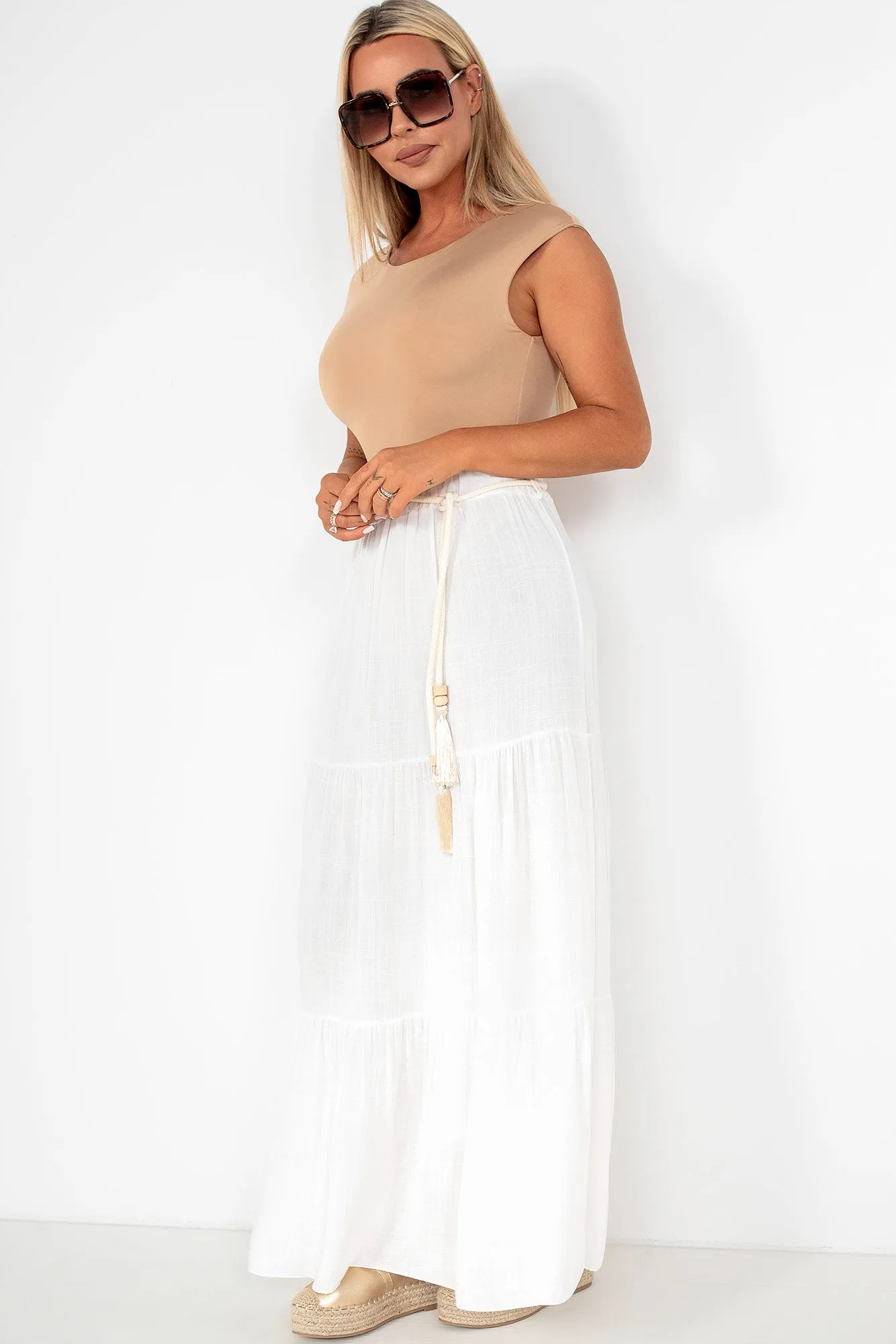 Gracelynn White Tiered Midi Skirt