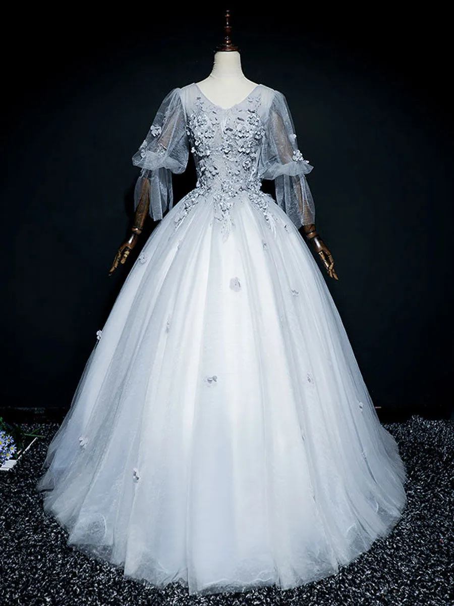 Gray V Neck Tulle Lace Long Prom Dress, Gray Lace Evening Dress