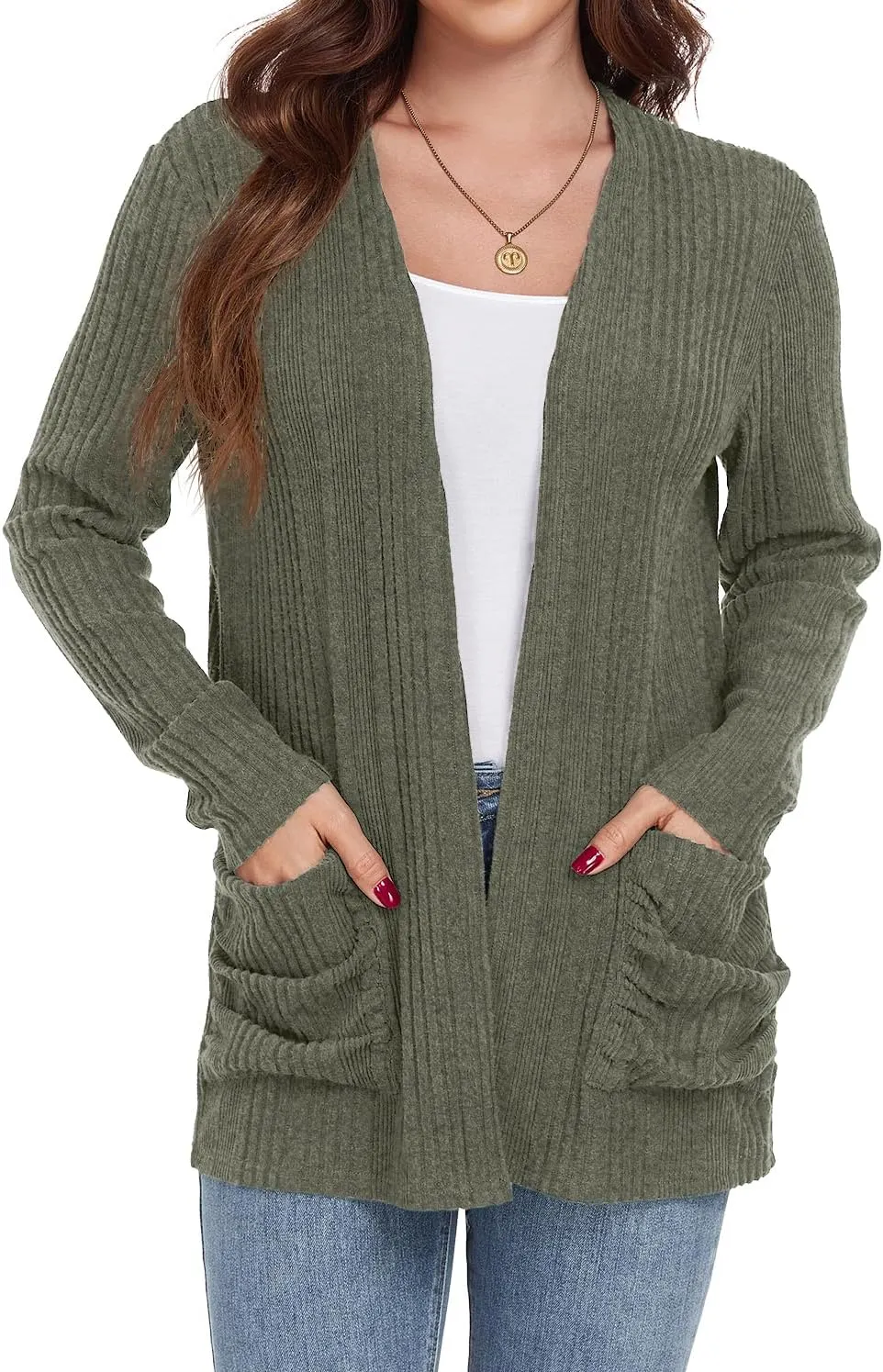 GRECERELLE Womens 2024 Long Sleeve Lightweight Open Front Casual Cardigan Sweaters Outerwear with Pockets