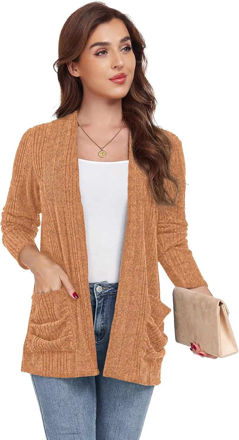 GRECERELLE Womens 2024 Long Sleeve Lightweight Open Front Casual Cardigan Sweaters Outerwear with Pockets