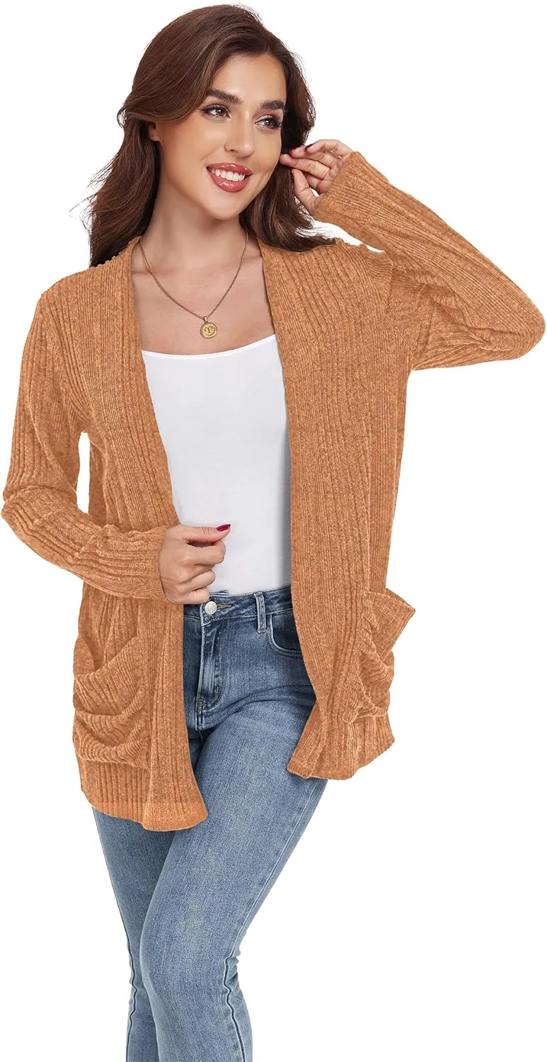 GRECERELLE Womens 2024 Long Sleeve Lightweight Open Front Casual Cardigan Sweaters Outerwear with Pockets