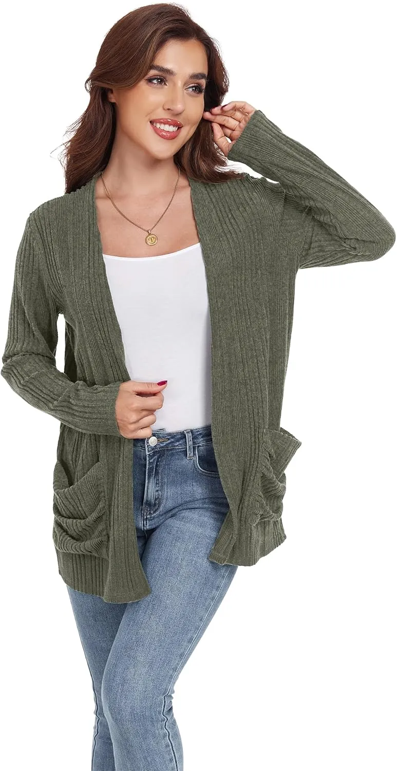 GRECERELLE Womens 2024 Long Sleeve Lightweight Open Front Casual Cardigan Sweaters Outerwear with Pockets