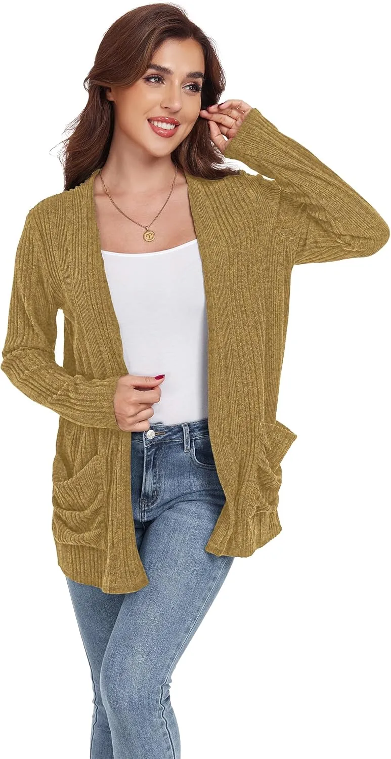 GRECERELLE Womens 2024 Long Sleeve Lightweight Open Front Casual Cardigan Sweaters Outerwear with Pockets