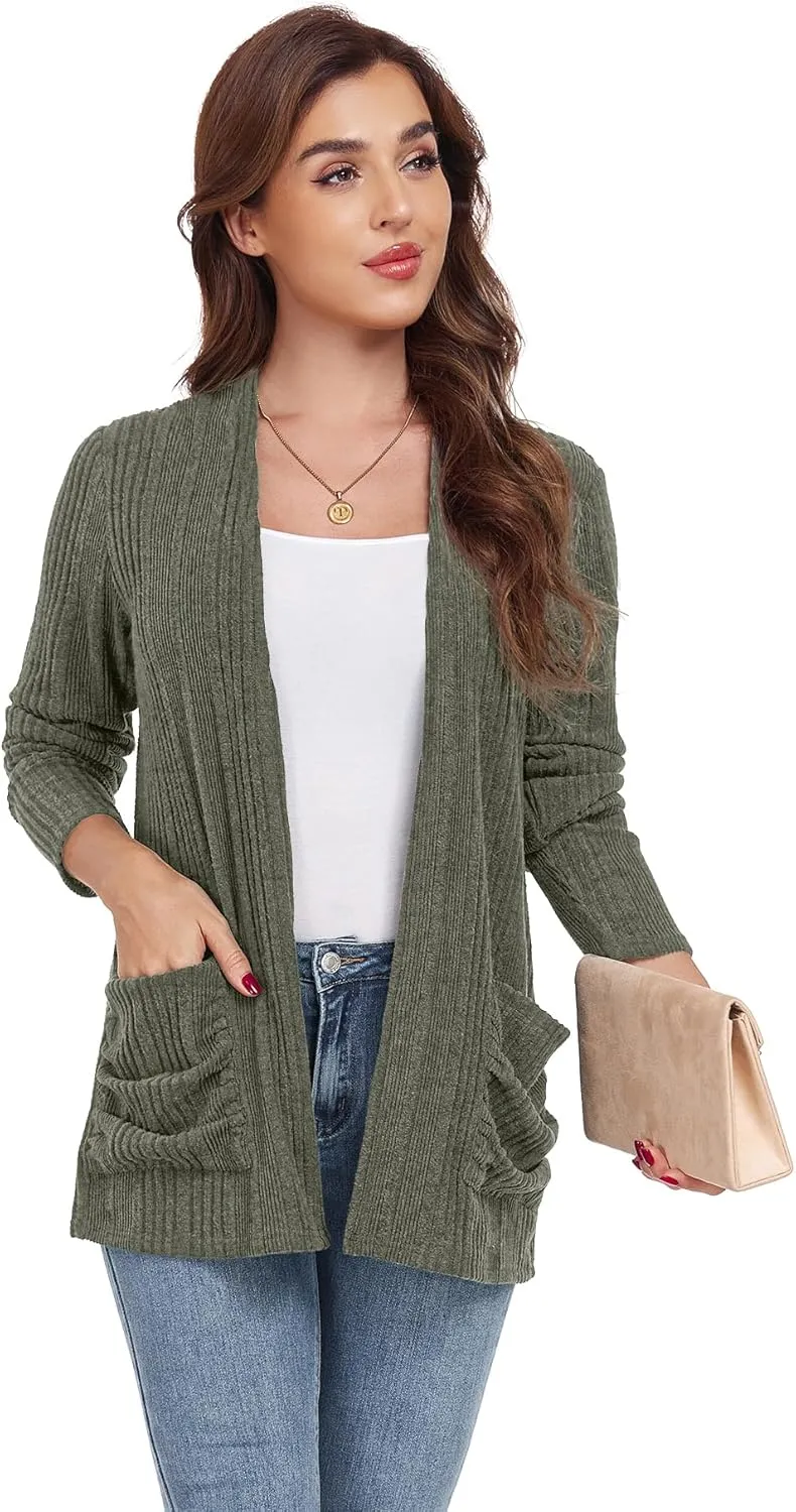 GRECERELLE Womens 2024 Long Sleeve Lightweight Open Front Casual Cardigan Sweaters Outerwear with Pockets